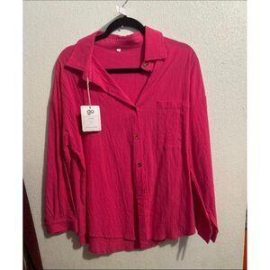 Women's Hot Pink Oversized Button Down Shirt – Slouchy Off-Shoulder Blouse